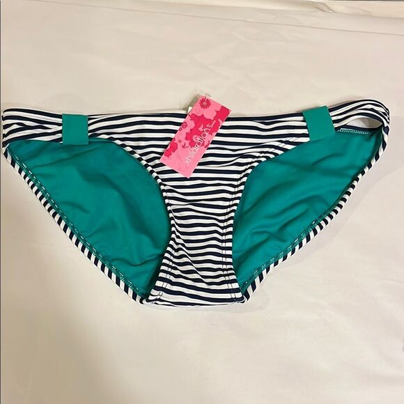 Xhilaration Black and Teal Striped Bikini Bottoms - Picture 1 of 8